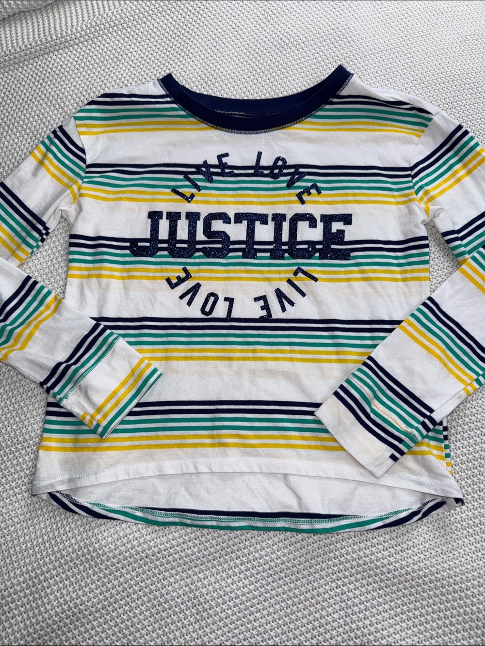 Justice White Striped Long Sleeve Tee with Navy,‎ Yellow & Green